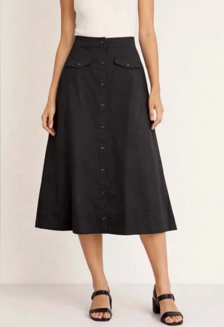 Tuckernuck Kenya A-Line Cotton Midi Skirt in Black Size 6 Pockets Buttons